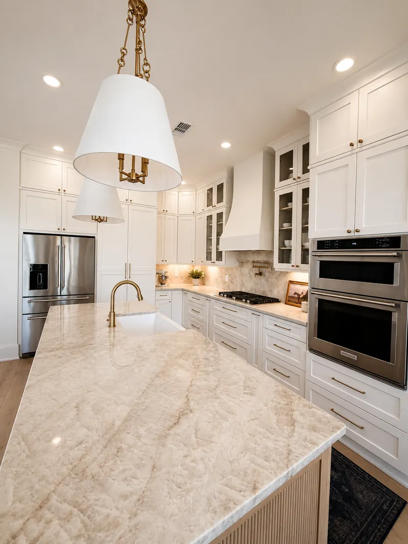 White kitchen with stone island, brass faucet and drum pendants