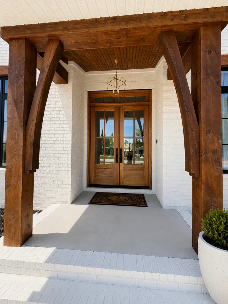 Cedar timber entry porch with double wood doors