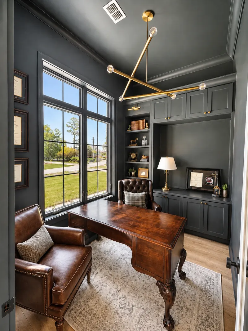 Study with charcoal built-in cabinetry and a brass light fixture